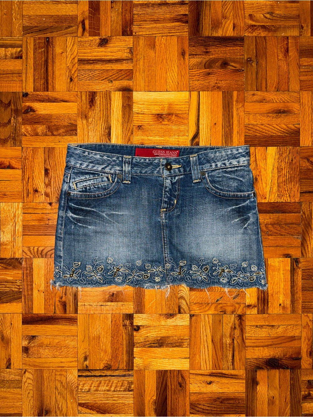 Guess Blue Denim Mini Skirt with Floral Embroidery
